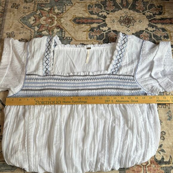 Free People Skies Squareneck Embroidered Cottage Blouse White Cotton Blend Large - Picture 4 of 8